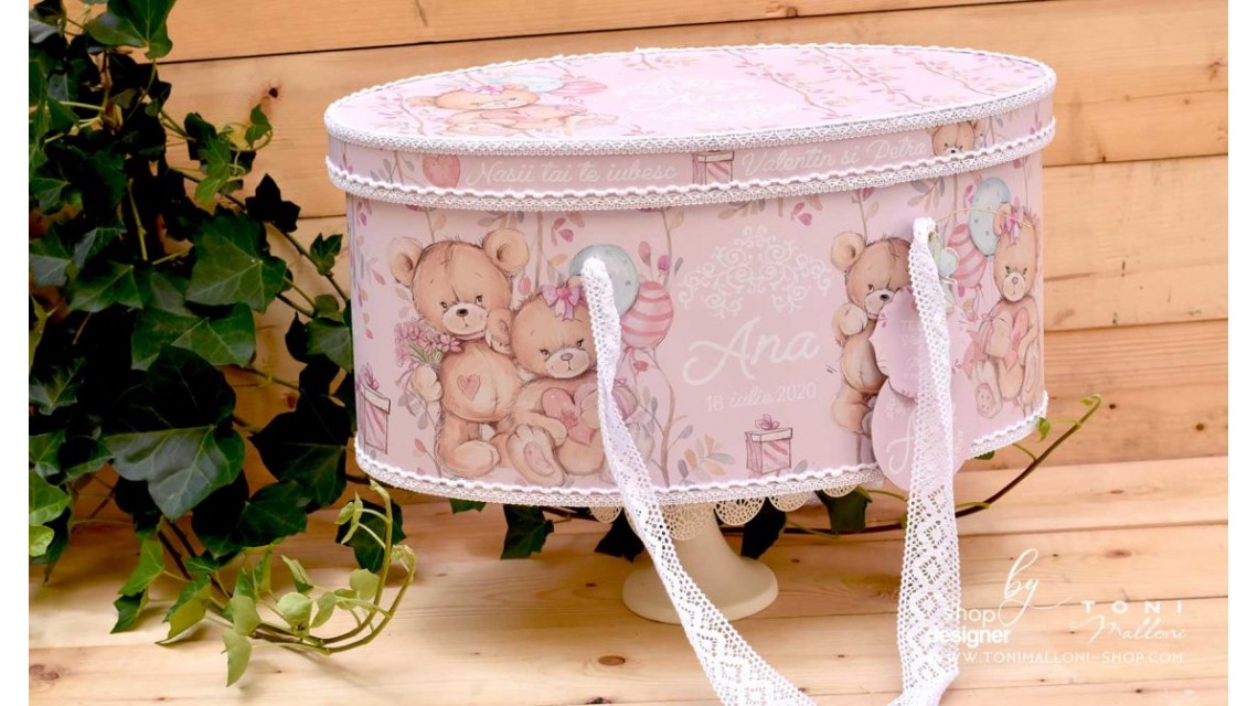 Trusou botez cu ursuleti roz si broderie personalizata Teddy Bear Pink 17